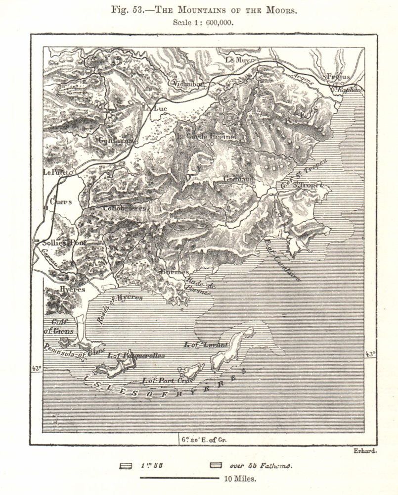 Massif des Maures. Porquerolles St Tropez Hyères. Var. Sketch map 1885 old