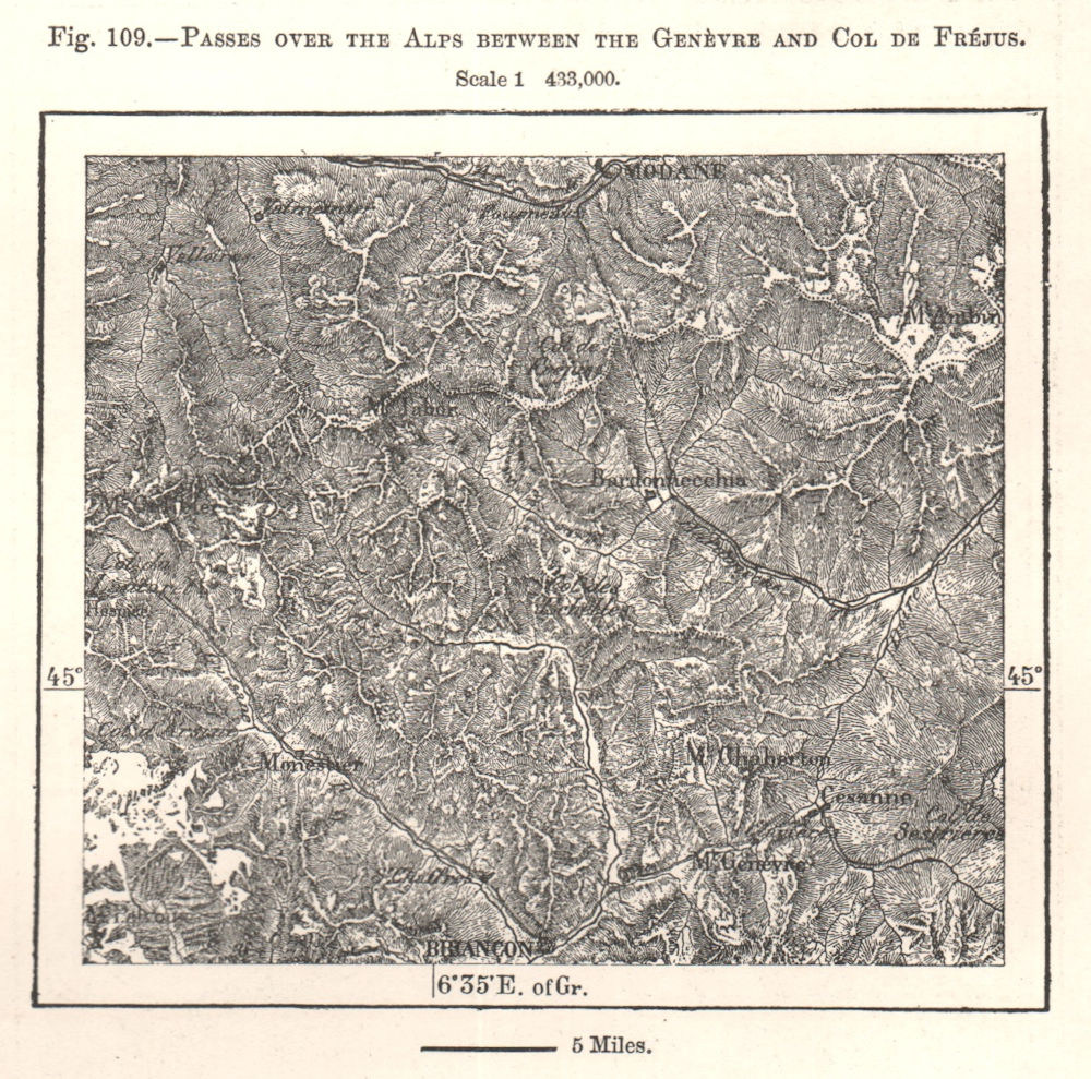 Associate Product Alpine passes between the Genèvre & Col de Frejus. Haute-Savoie. Sketch map 1885