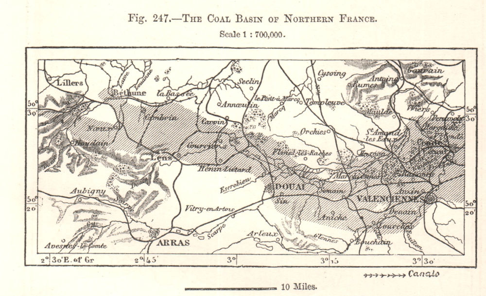 Associate Product Northern France coal basin. Valenciennes Arras Douai. Nord. Sketch map 1885