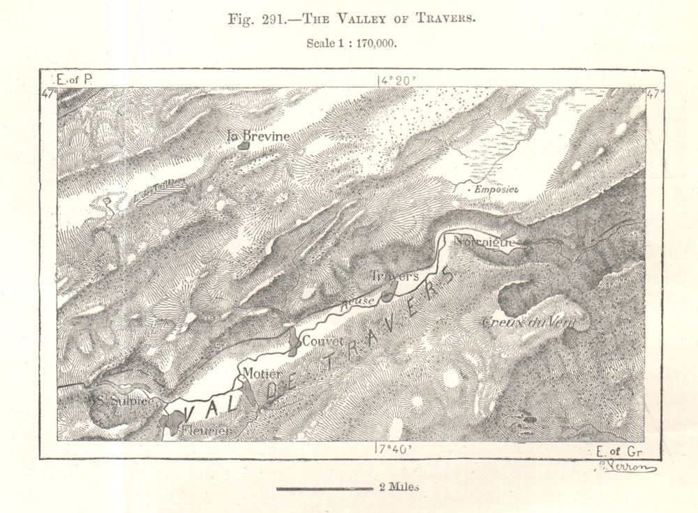 Associate Product The Valley of Travers. Switzerland. Sketch map 1885 old antique plan chart