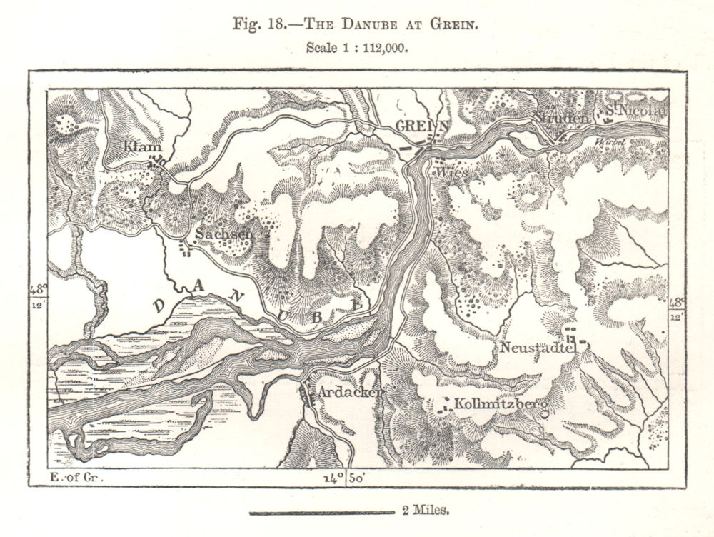 The Danube at Grein. Saxen Struden Klamschlucht Austria. Sketch map 1885
