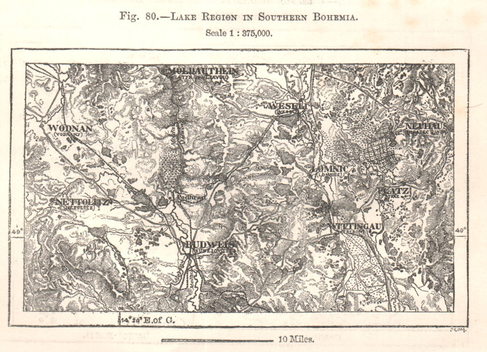 Associate Product Lake Region in Southern Bohemia. Budweis Czech Rep. Sketch map 1885 old