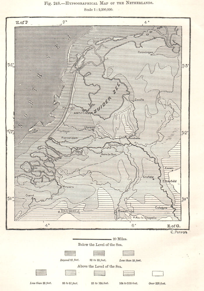 Associate Product Hypsographical Map of the Netherlands. Elevation. Sketch map 1885 old