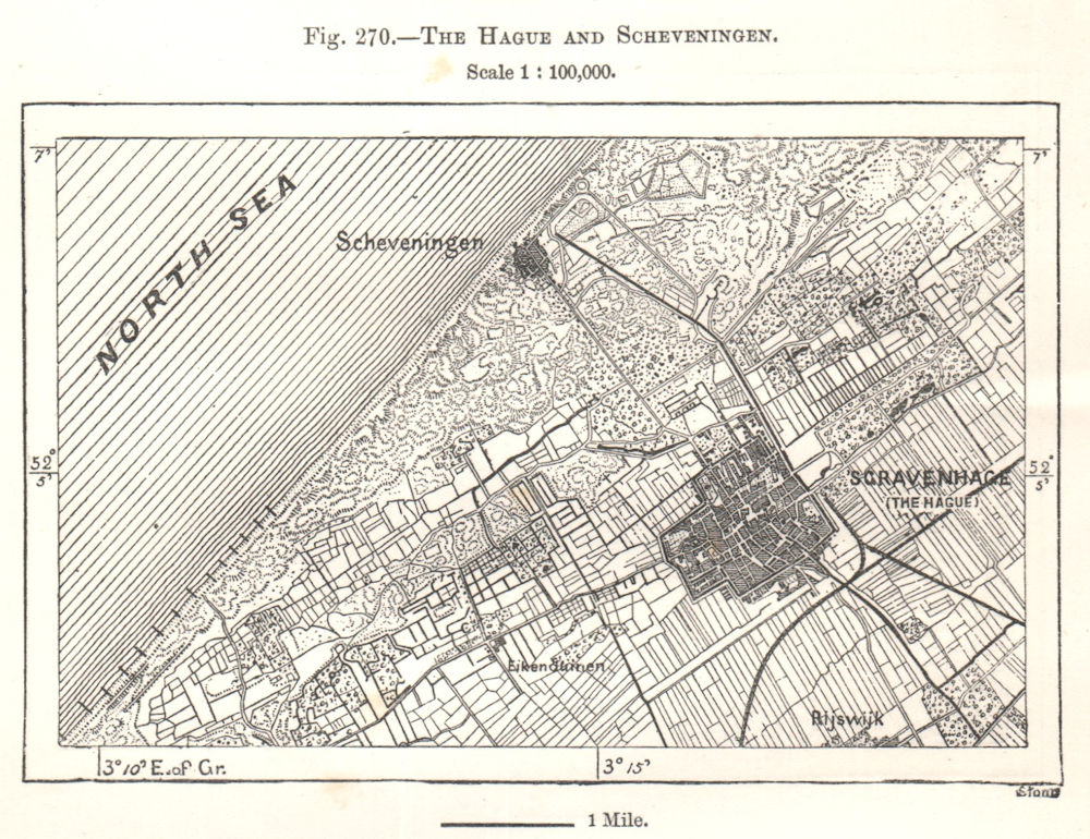 The Hague and Scheveningen. Den Haag. Netherlands. Sketch map 1885 old