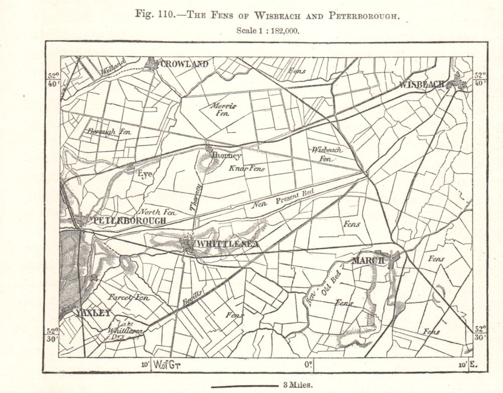 Associate Product The Fens of Wisbeach and Peterborough. Cambridgeshire. Sketch map 1885 old