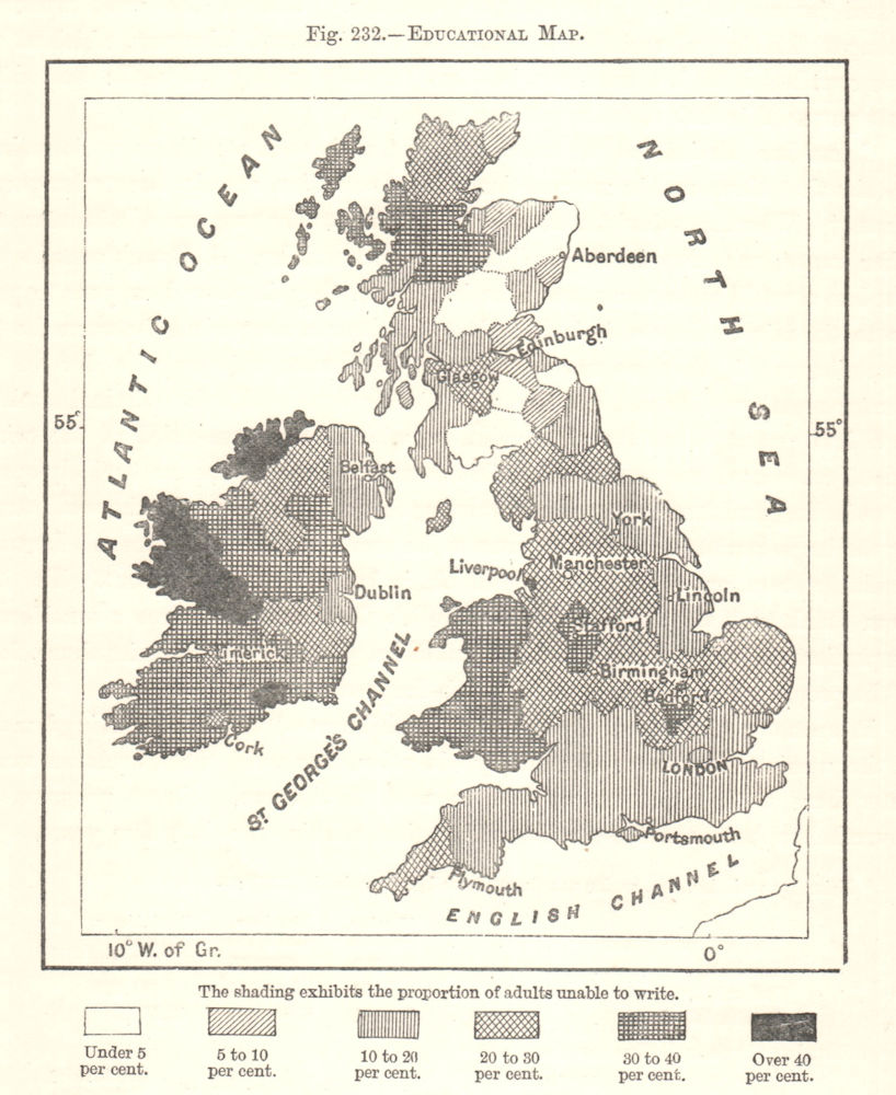 Associate Product Educational Map. Illiteracy. British Isles. Sketch map 1885 old antique