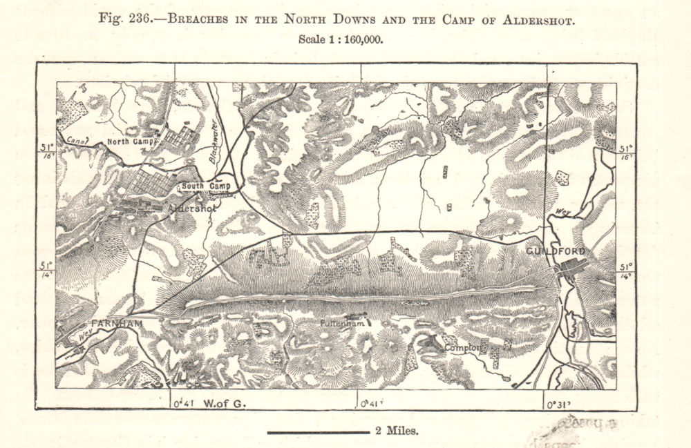 Associate Product North Downs Breaches & Aldershot camp. Guildford. Hampshire. Sketch map 1885