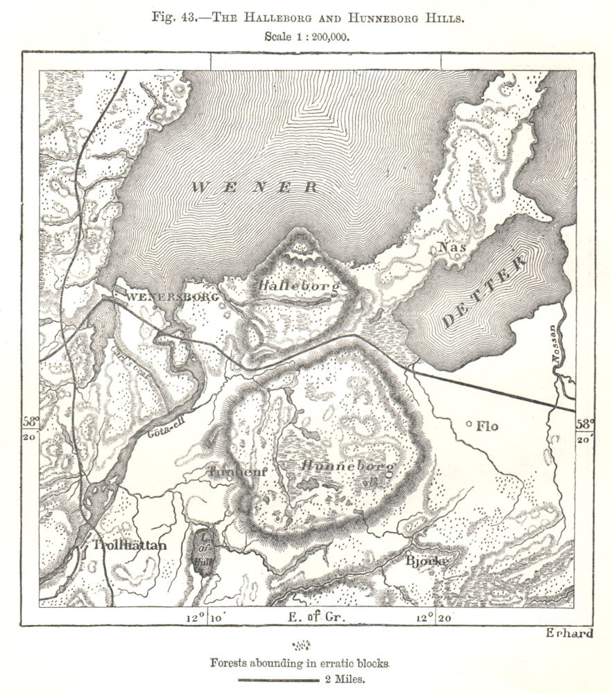Associate Product Halleborg & Hunneborg Hills. Trollhättan Vänersborg.Sweden. Sketch map 1885