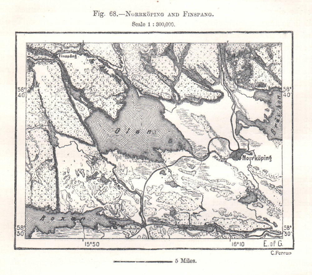 Associate Product Norrköping and Finspang. Glan Roxen. Sweden. Sketch map 1885 old antique