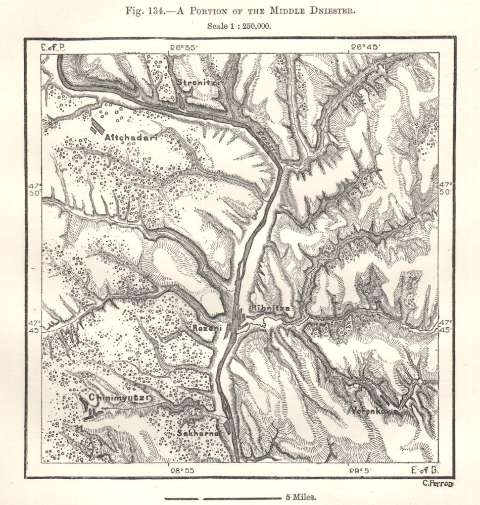 A Portion of the Middle Dniester. Moldova. Sketch map 1885 antique