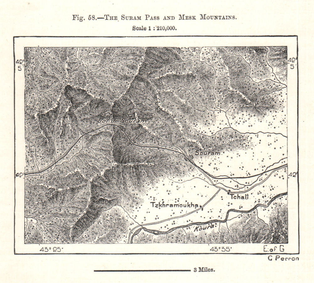 The Surami Pass and Mesk Mountains. Georgia. Sketch map 1885 old antique