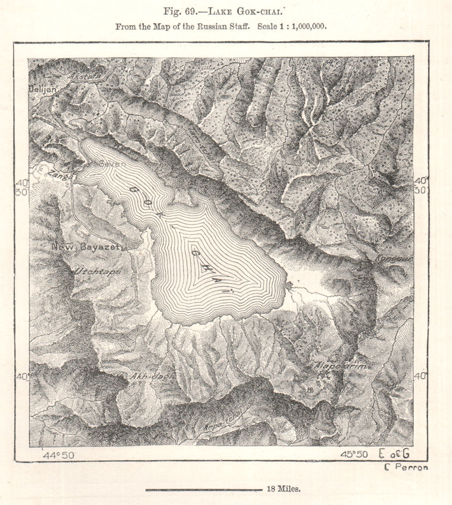 Lake Lake Sevan from the Map of the Russian Staff. Armenia. Sketch map 1885