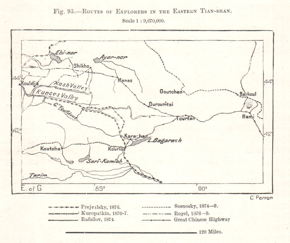 Associate Product Routes of Explorers in the Eastern Tian-shan. China. Sketch map 1885 old