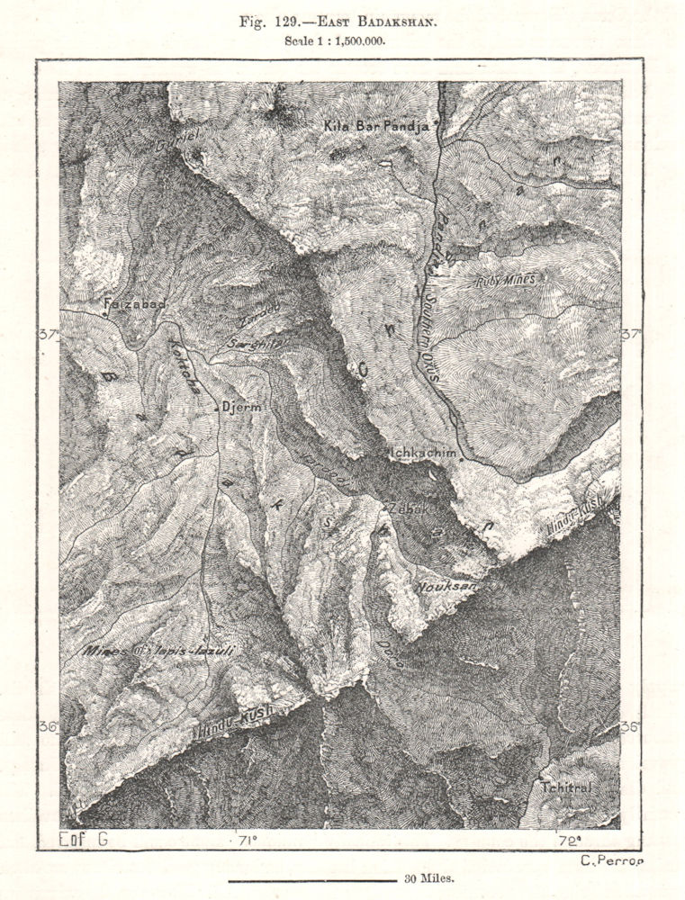 East Badakhshan. Afghanistan. Ruby Mines. Hindu Kush. Sketch map 1885 old