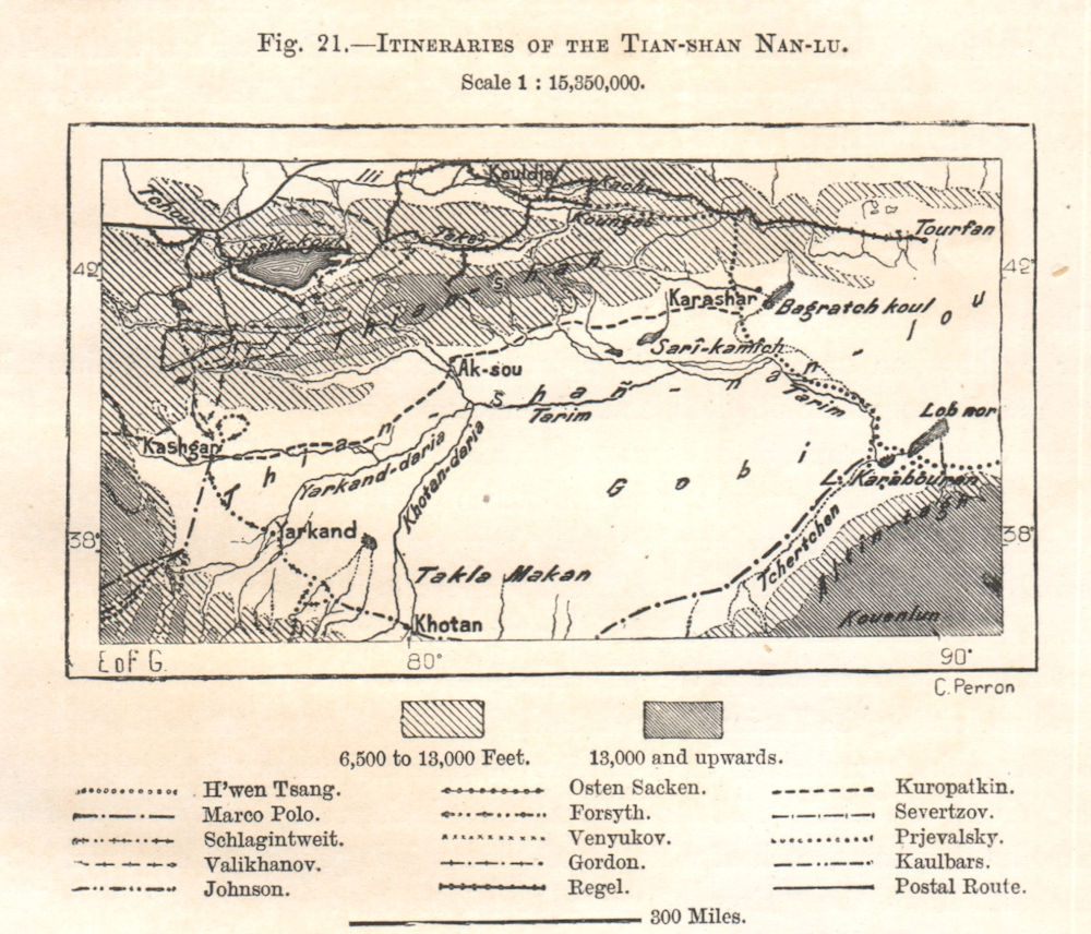 Associate Product Explorers itineraries of the Tian-Shan Nan-Lu. China. Sketch map 1885 old