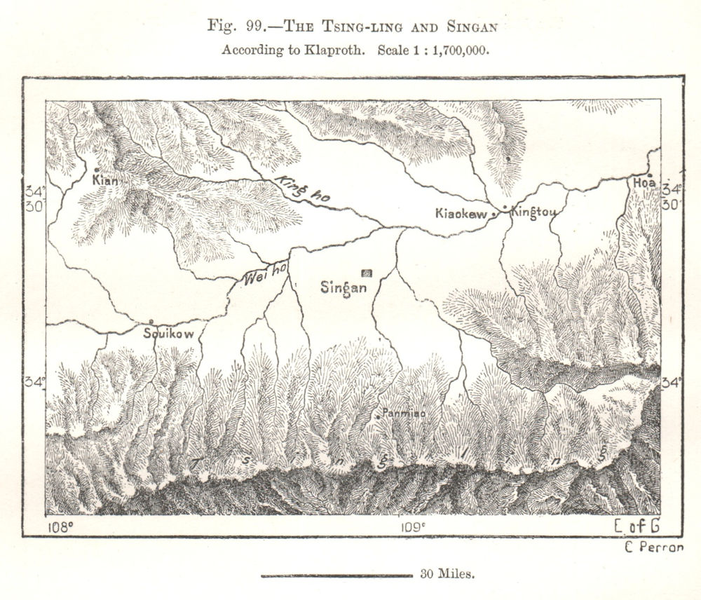 Associate Product Tsing-ling (Qinling Mountains) & Singan (Xian). Klaproth. China. Sketch map 1885