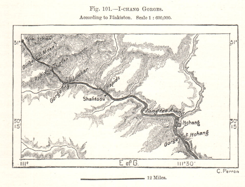 Yichang Gorges. Yangtze river. Three Gorges. Blakiston. China. Sketch map 1885