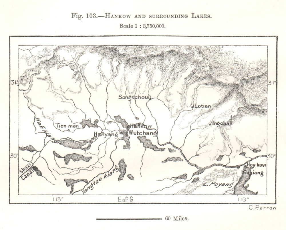 Associate Product Hankou Wuhan Hanyang & surrounding Lakes. Yangtze river. China. Sketch map 1885