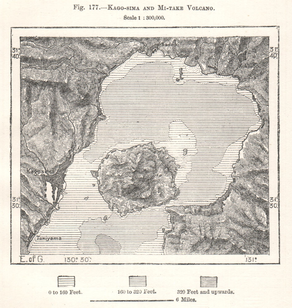 Associate Product Kagoshima bay. Mount Ontake Volcano. Sakurajima. Japan. Sketch map 1885
