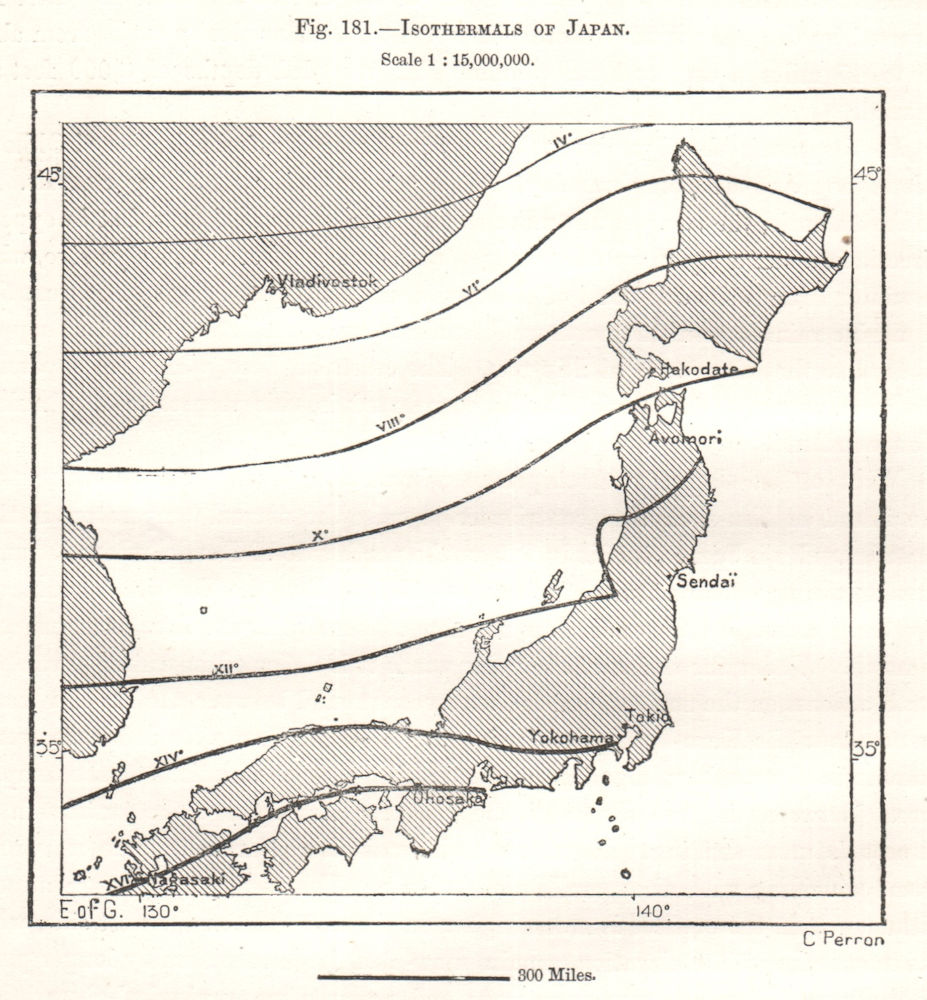 Isothermals of Japan. Sketch map 1885 old antique vintage plan chart