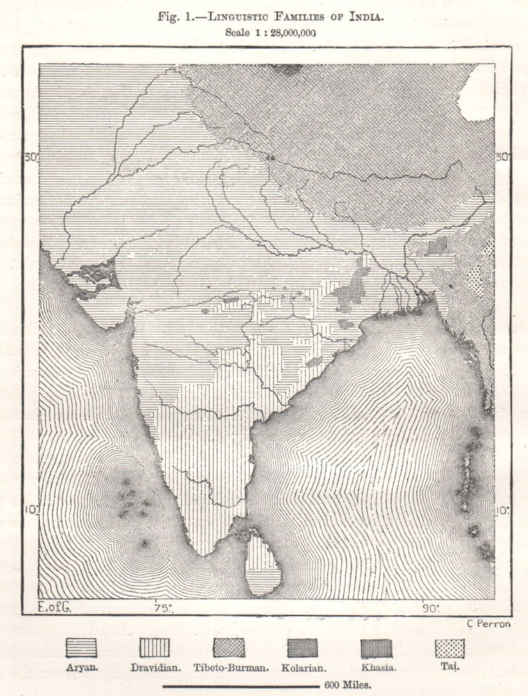 Associate Product Linguistic Families of India. South Asia. Sketch map 1885 old antique