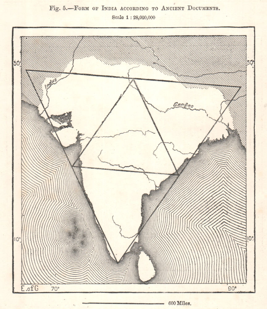 Associate Product Form of India according to Ancient Documents. Sketch map 1885 old antique
