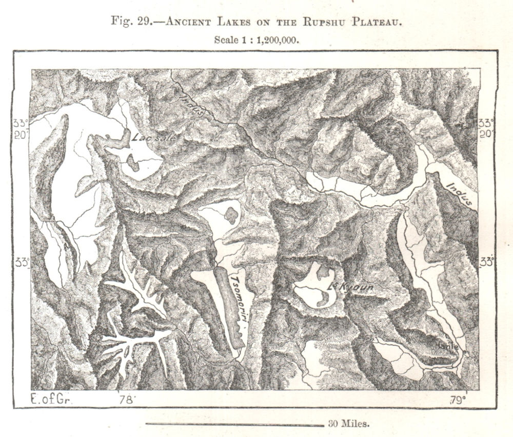 Ancient Lakes Rupshu Plateau Ladakh. Tso Moriri. Tso Kar. India. Sketch map 1885