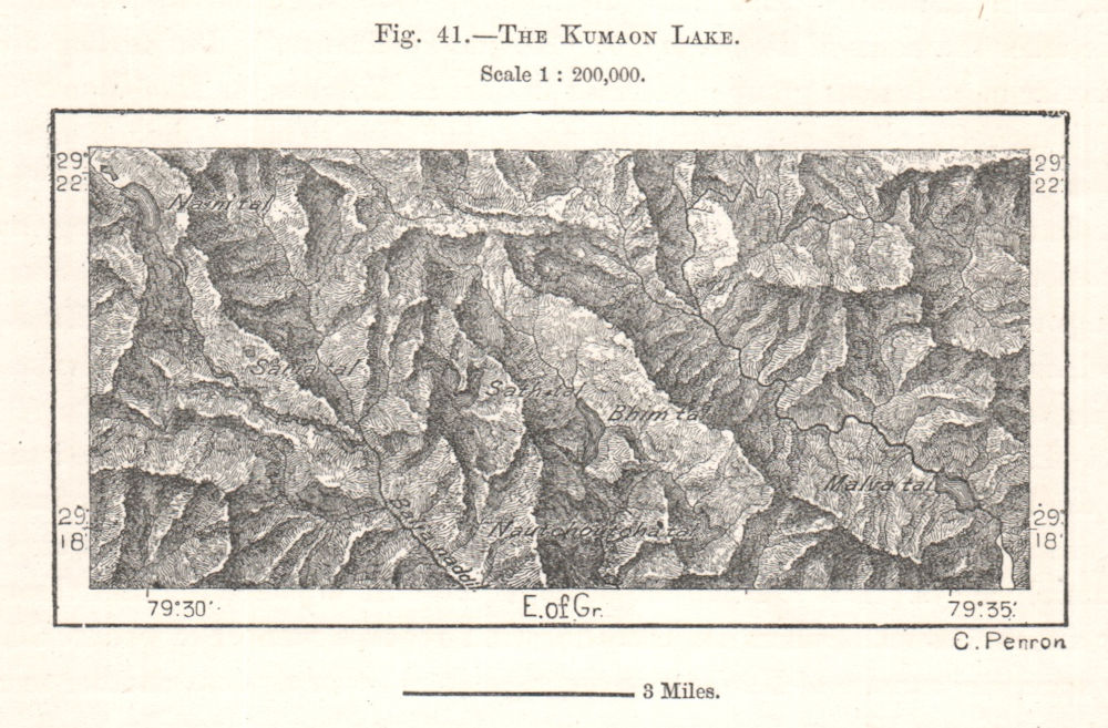 Associate Product The Kumaon Lake. Naukuchiatal Nainital India. Sketch map 1885 old antique