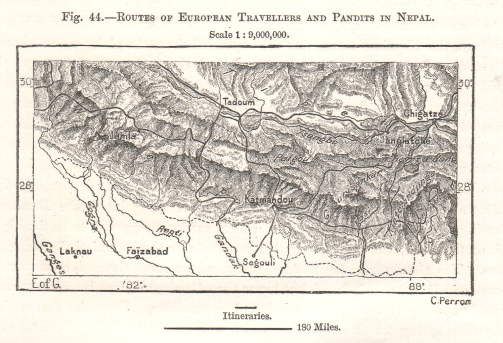 Routes of European Travellers and Pandits in Nepal. Sketch map 1885 old
