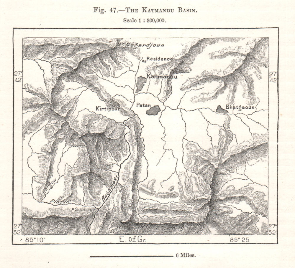 The Kathmandu Basin. Nepal. Sketch map 1885 old antique vintage plan chart