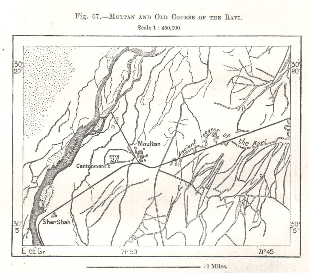 Associate Product Multan and Old Course of the Ravi. Pakistan. Sketch map 1885 antique
