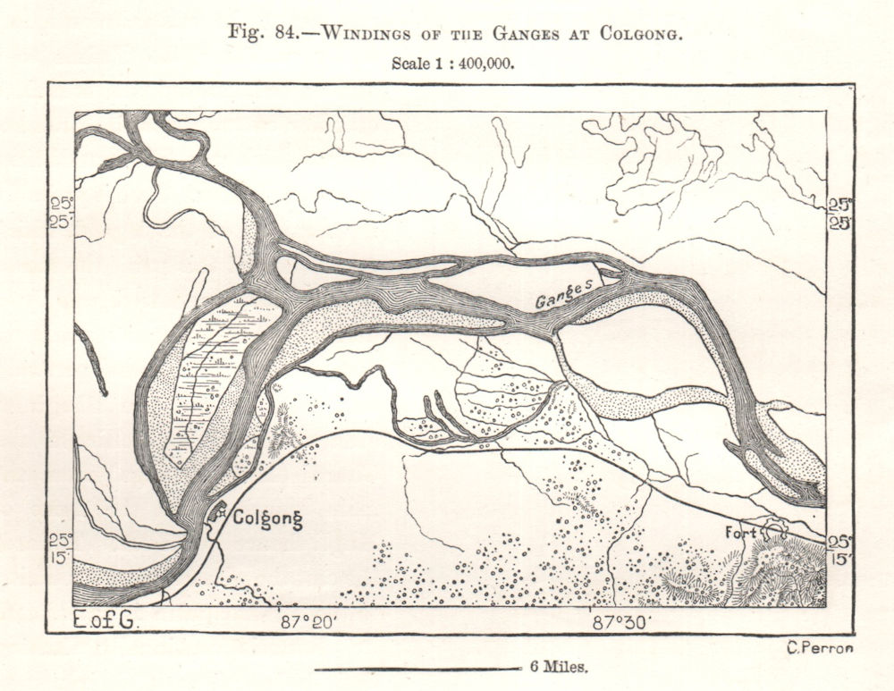 Associate Product Windings of the Ganges at Kahalgaon. India. Sketch map 1885 old antique
