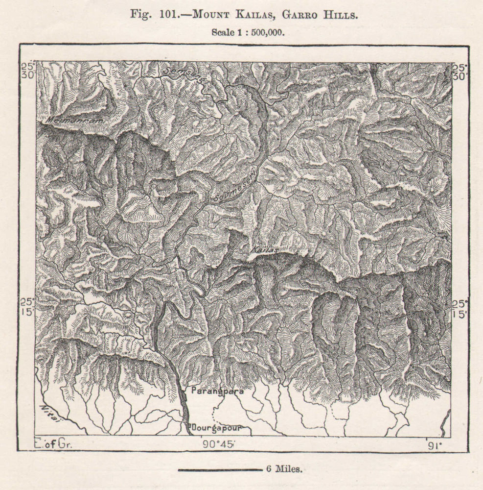 Mount Kailash, Garo Hills. India. Sketch map 1885 old antique plan chart