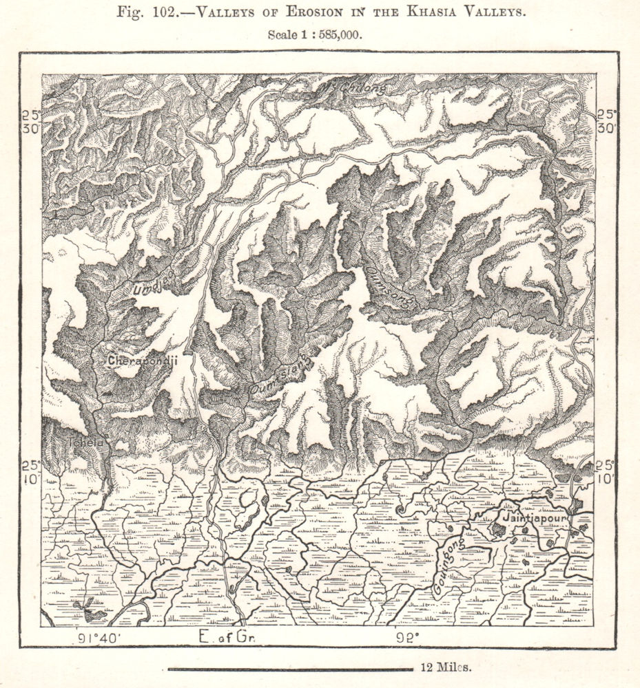 Valleys of Erosion in the Khasi Valleys. Jaintiapur. India. Sketch map 1885