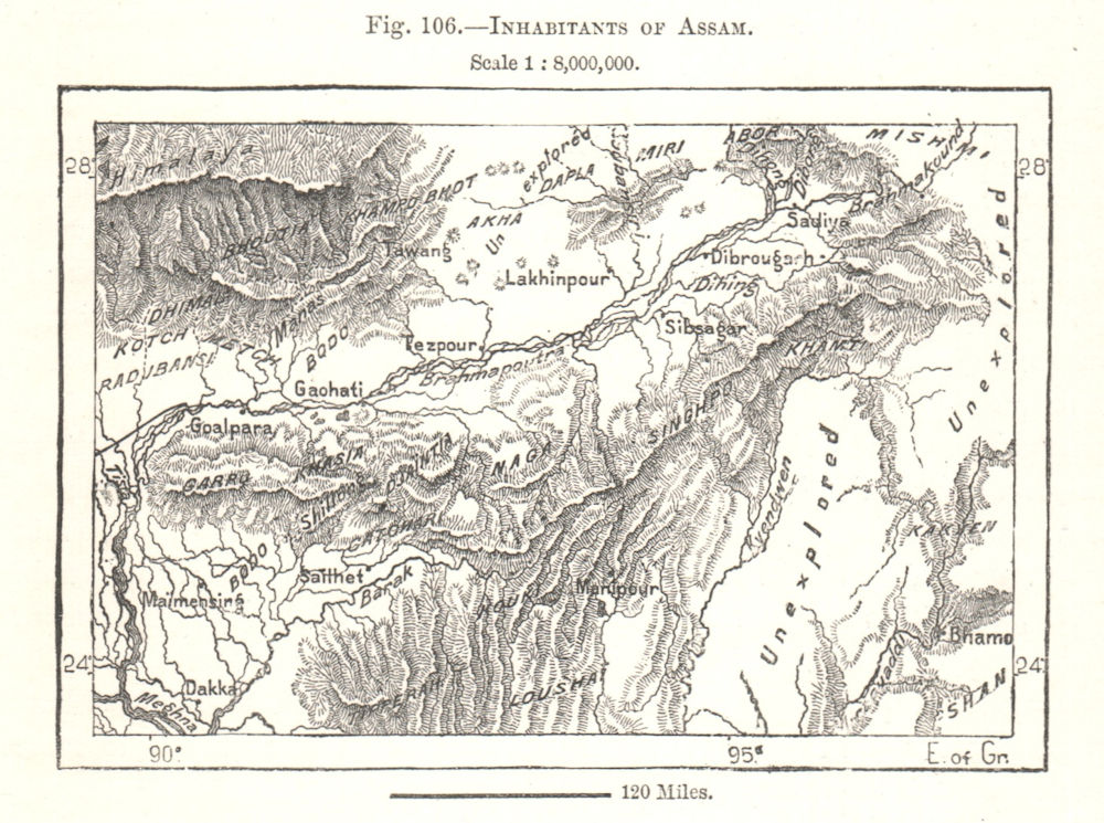 Inhabitants of Assam. India. Sketch map 1885 old antique plan chart