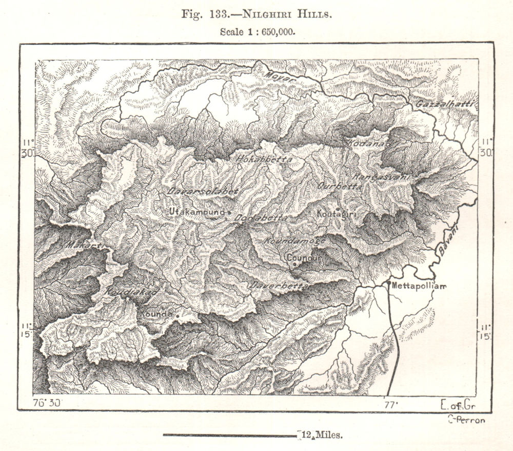 Nilghiri Hills. India. Sketch map 1885 old antique vintage plan chart