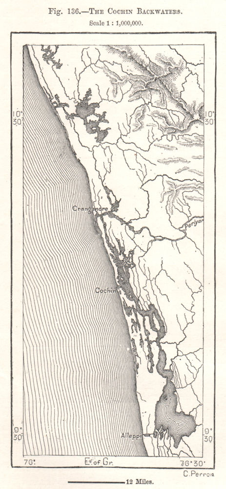 The Kochi Backwaters. Kerala Cochin. India. Sketch map 1885 old antique