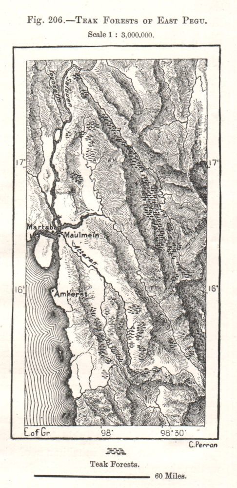 Teak Forests of East Pegu. Burma Myanmar. Sketch map 1885 old antique