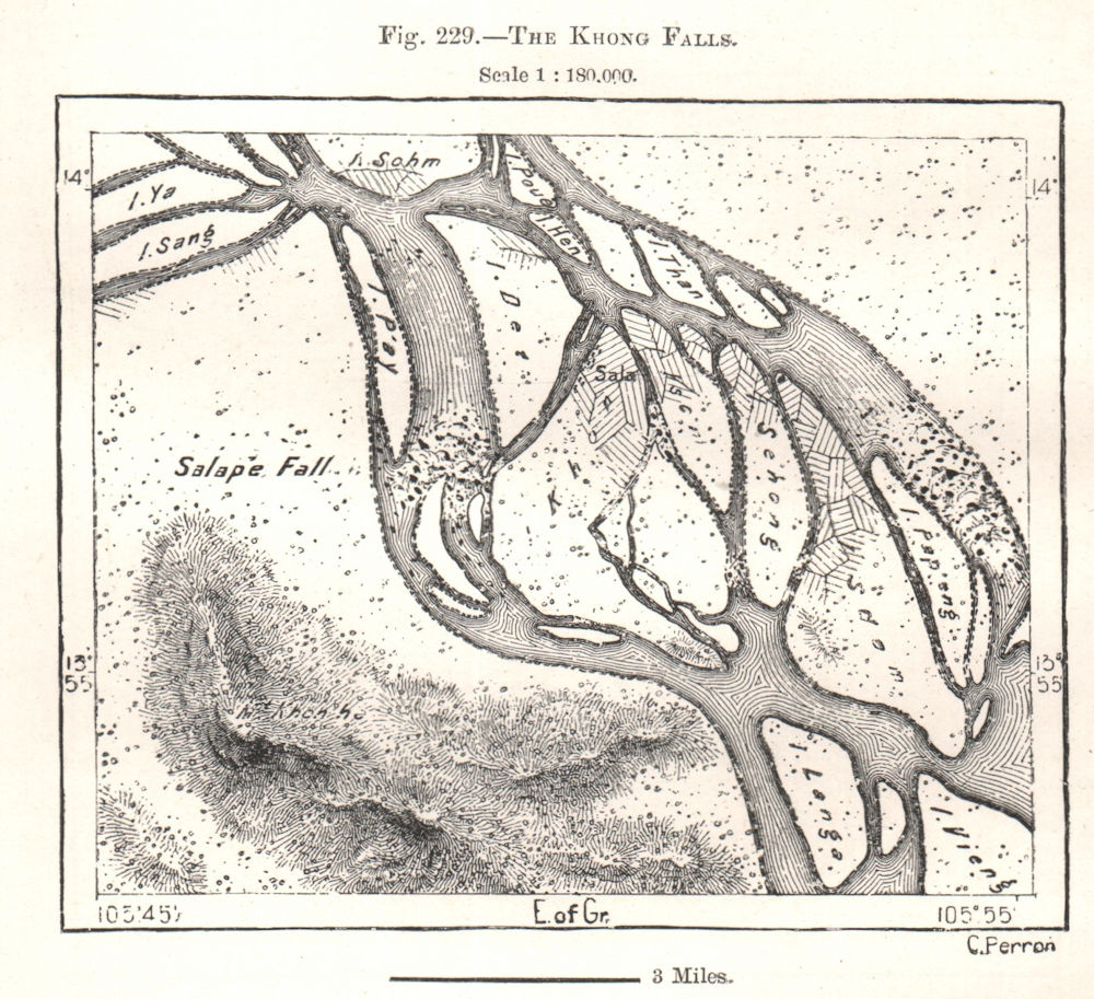 The Khone Phapheng Falls. Laos. Sketch map 1885 old antique plan chart