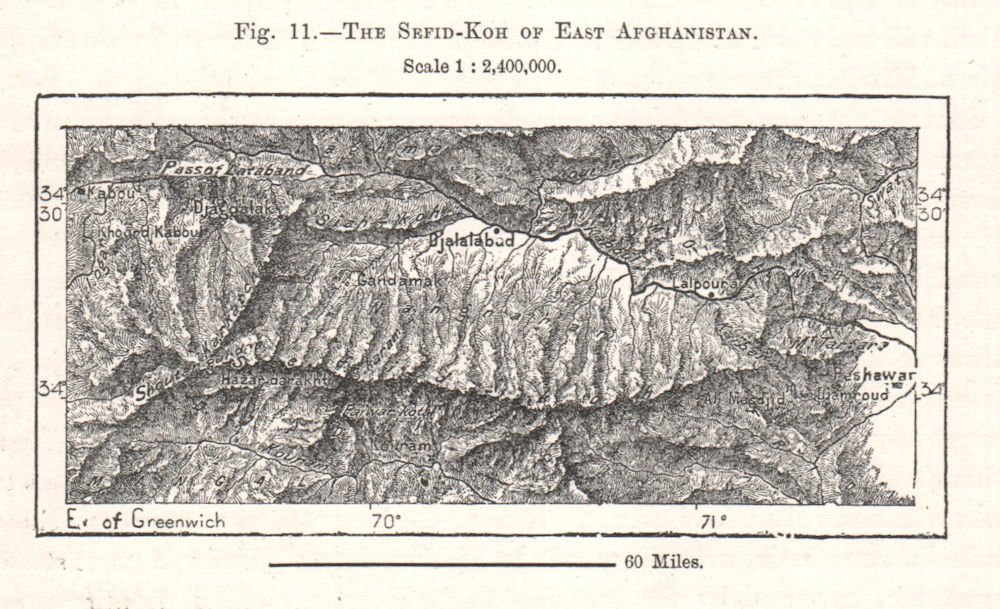 Spin Ghar mountains. East Afghanistan. Jalalabad Peshawar. Sketch map 1885