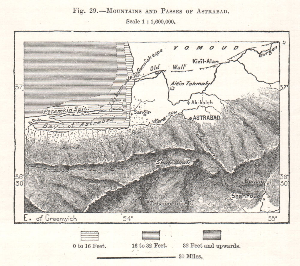 Associate Product Mountains and Passes of Gorgan. Iran. Sketch map 1885 old antique chart