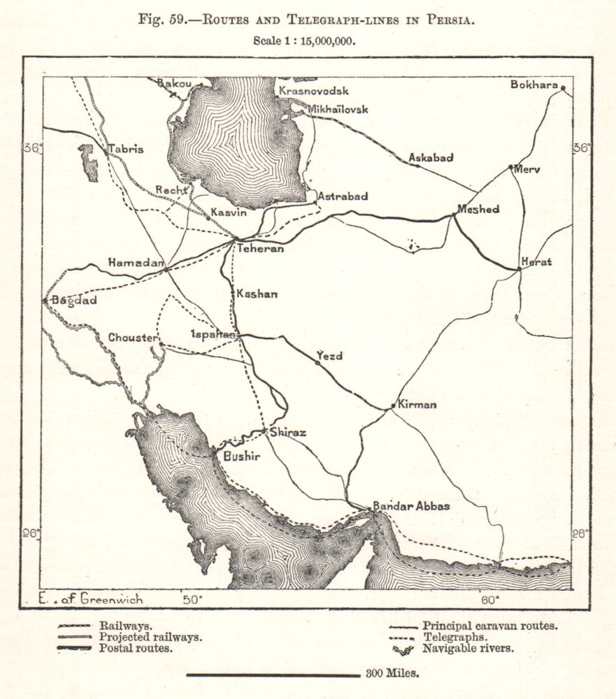 Routes and Telegraph-Lines in Persia (Iran). Iran. Sketch map 1885 old
