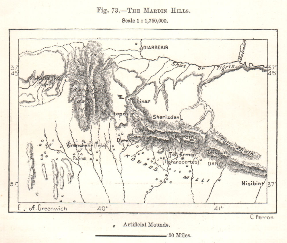 The Mardin Hills. Diyarbakir. Turkey. Sketch map 1885 old antique chart
