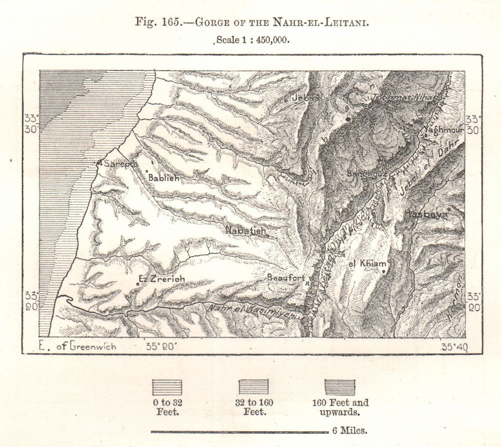 Gorge of the Nahr-El-Leitani. Litani River. Lebanon. Sketch map 1885 old