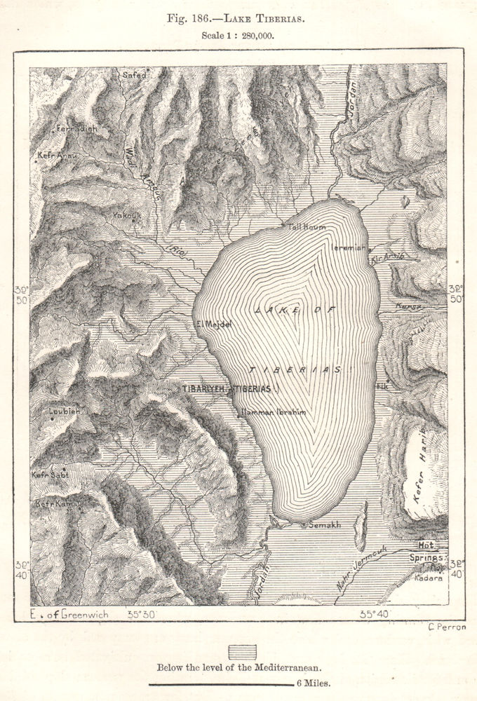 Lake Tiberias. Israel. Sketch map 1885 old antique vintage plan chart