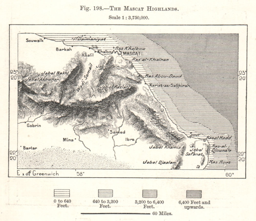 The Muscat Highlands. Oman. Sketch map 1885 old antique vintage plan chart
