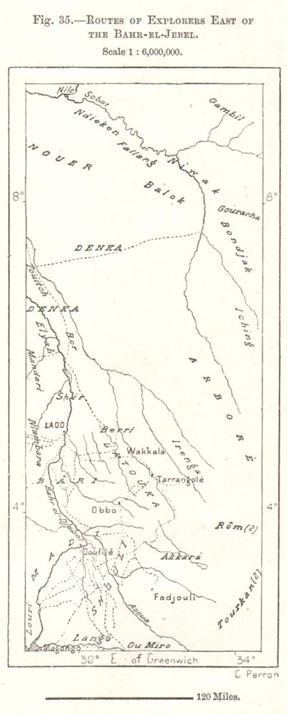 Associate Product Explorers routes east of the Mountain Nile/Bahr al-Jabal. Sudan. Sketch map 1885