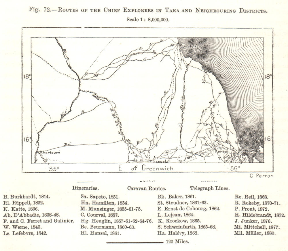 Associate Product Routes of the Chief Explorers around Taka. Sudan. Sketch map 1885 old