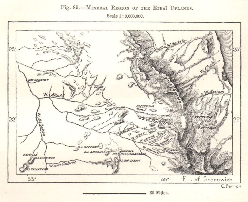 Etbai Uplands mineral region. Hala'ib Triangle Gabal Elba Egypt. Sketch map 1885