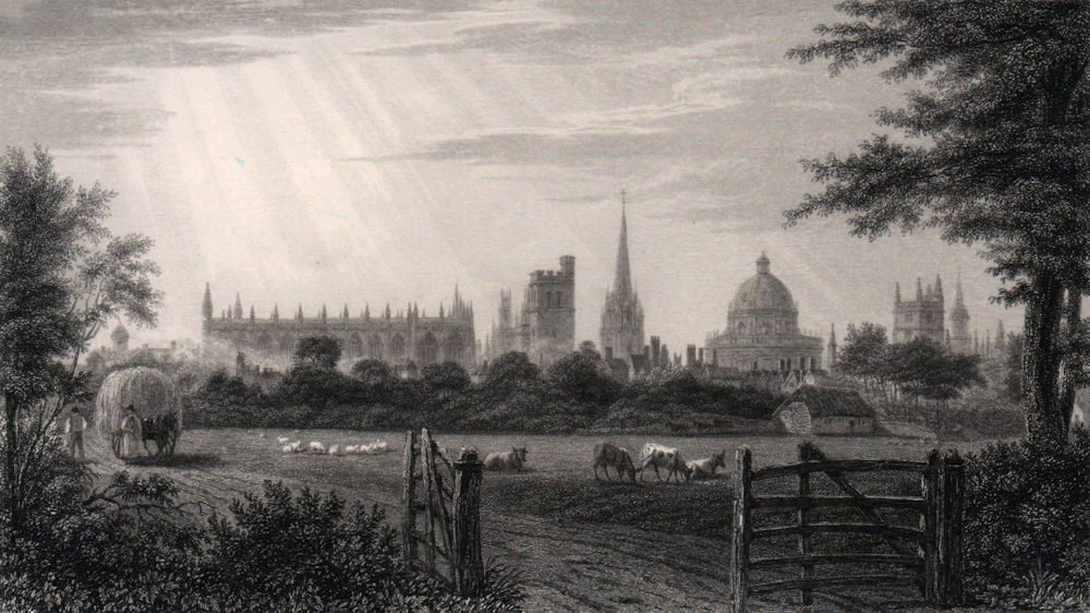 View of Oxford, from the field beyond Holywell, by John Le Keux 1837 old print